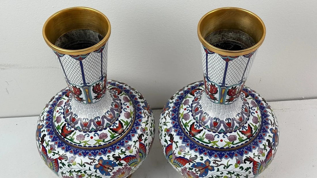 Pair of Chinese Cloisonne Enamel Vases Lotus White and Floral Butterflies - 6