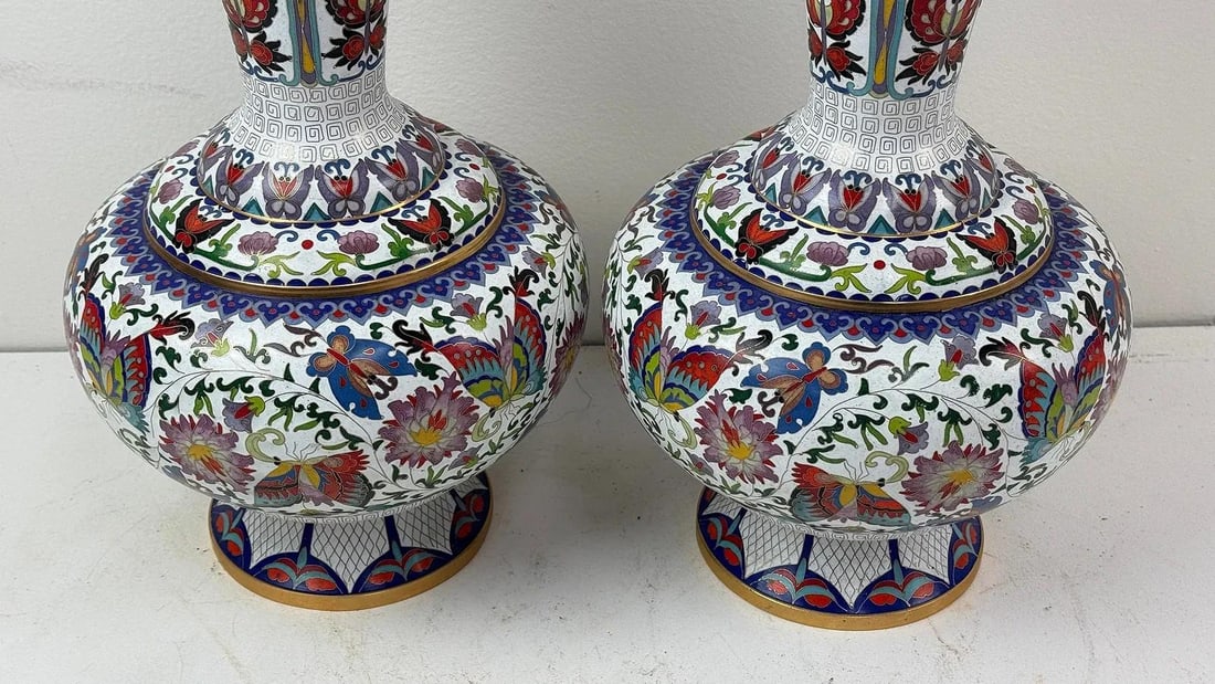 Pair of Chinese Cloisonne Enamel Vases Lotus White and Floral Butterflies - 7