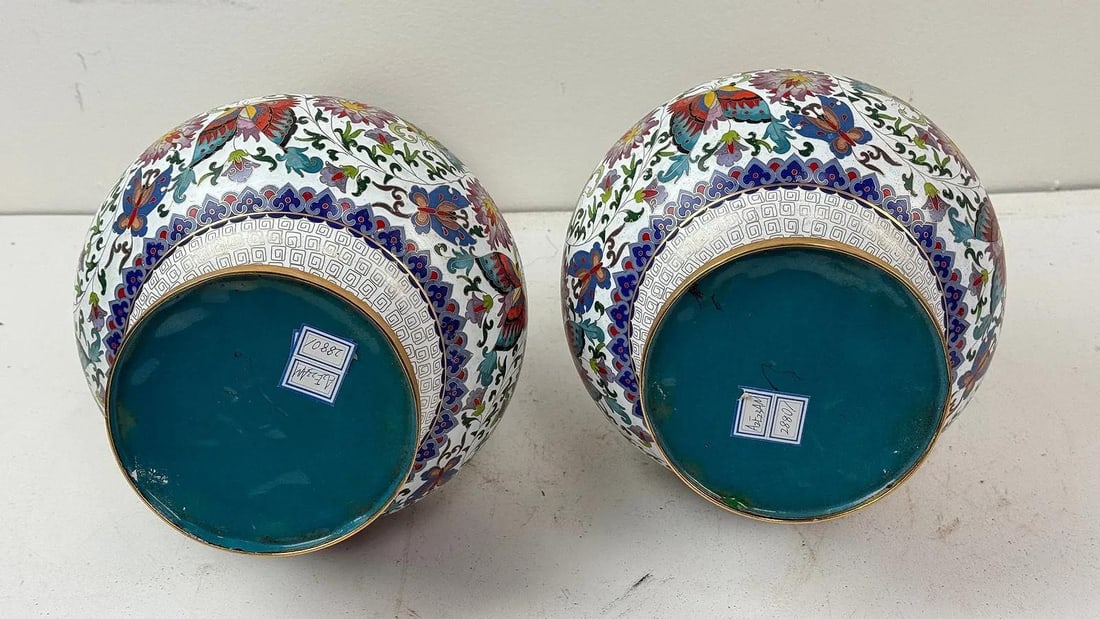 Pair of Chinese Cloisonne Enamel Vases Lotus White and Floral Butterflies - 8
