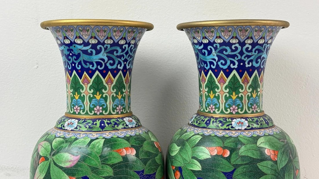 Pair of Chinese Cloisonne Enamel Vases Blue Ground With Red Berries - 10