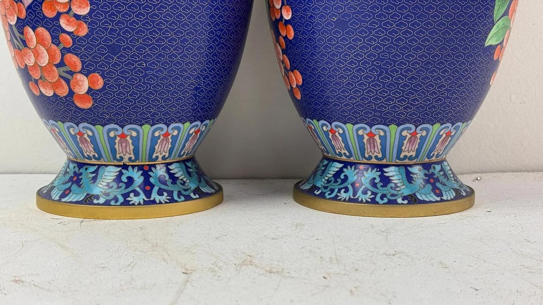 Pair of Chinese Cloisonne Enamel Vases Blue Ground With Red Berries - 11
