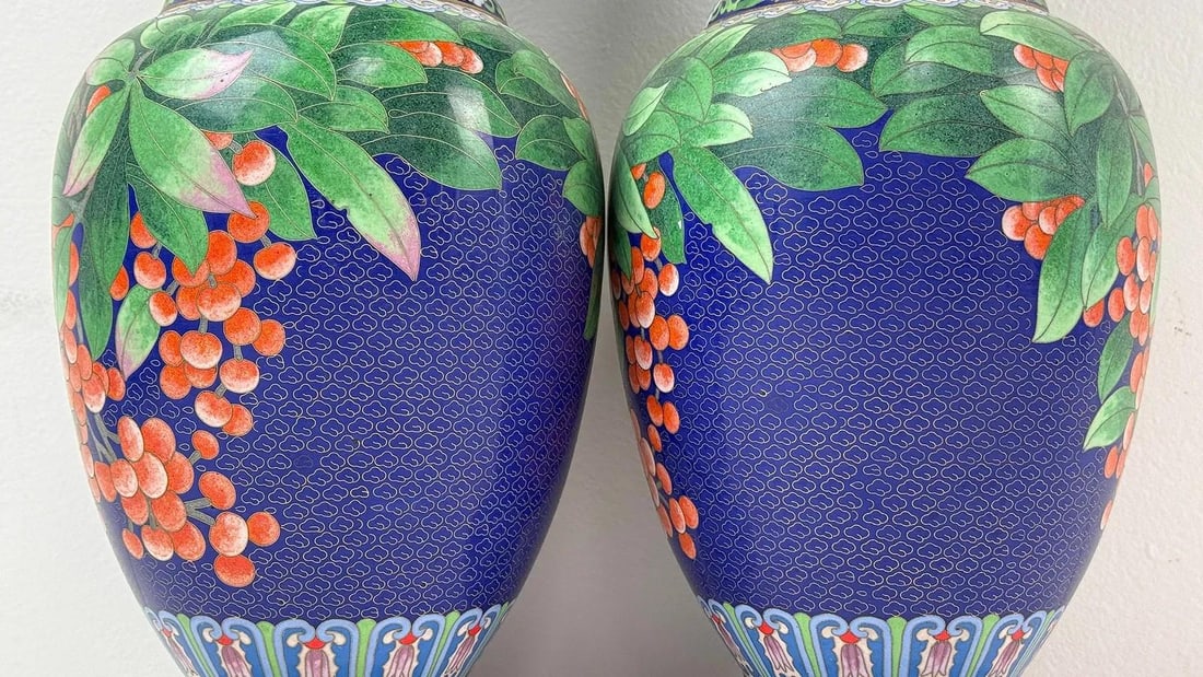 Pair of Chinese Cloisonne Enamel Vases Blue Ground With Red Berries - 12