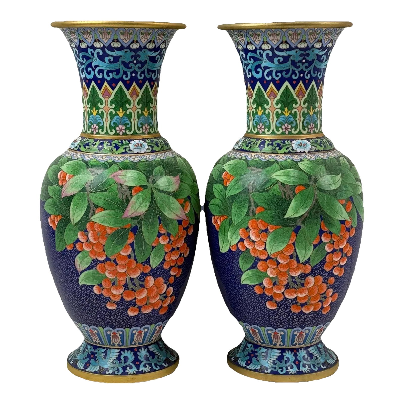 Pair of Chinese Cloisonne Enamel Vases Blue Ground With Red Berries: Pair of Chinese cloisonne vases featuring blue ground with orange berry branches and foliage, detailed enamel work, likely late 20th century export pieces. 15" Condition: Alterations: Original