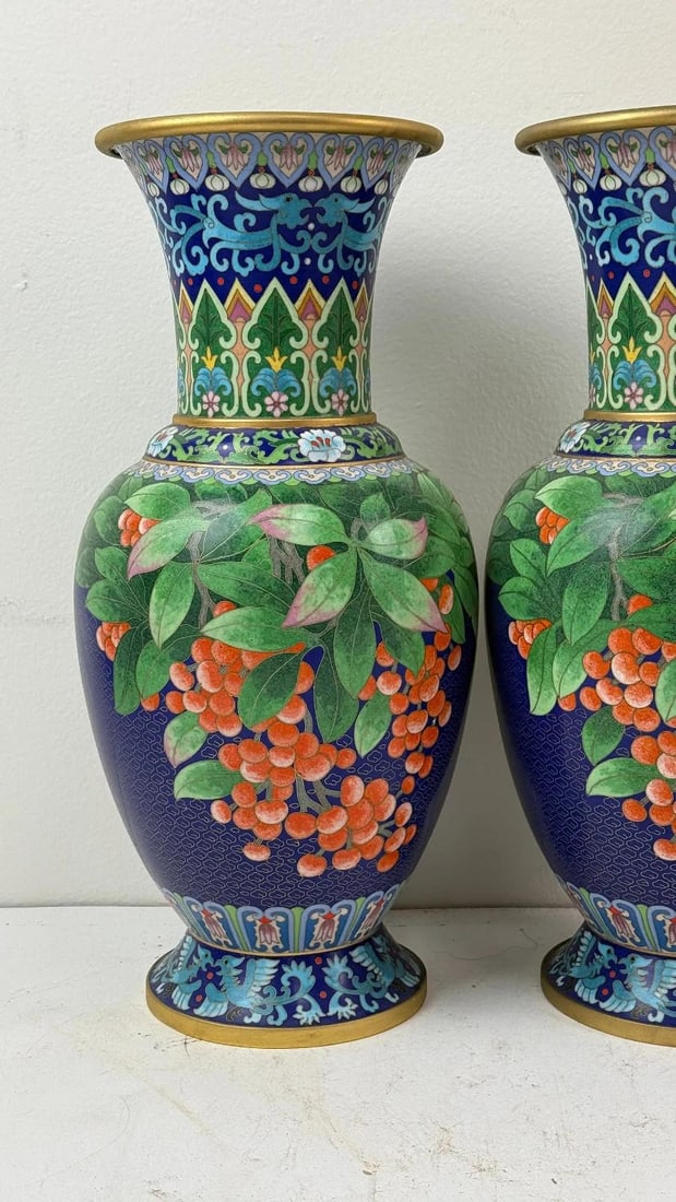 Pair of Chinese Cloisonne Enamel Vases Blue Ground With Red Berries - 2