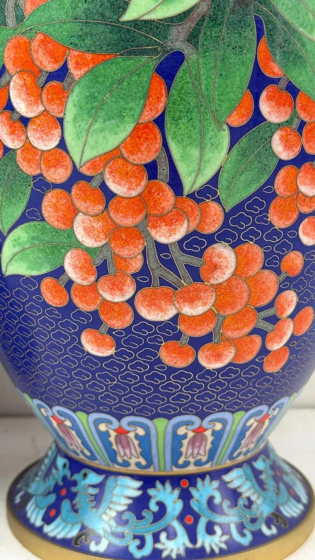 Pair of Chinese Cloisonne Enamel Vases Blue Ground With Red Berries - 3