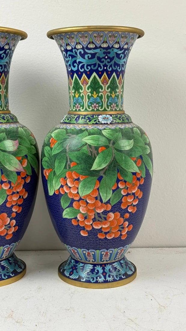 Pair of Chinese Cloisonne Enamel Vases Blue Ground With Red Berries - 4