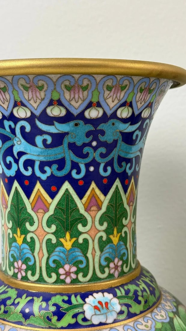 Pair of Chinese Cloisonne Enamel Vases Blue Ground With Red Berries - 5