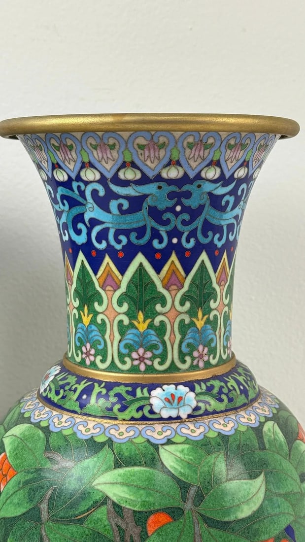 Pair of Chinese Cloisonne Enamel Vases Blue Ground With Red Berries - 6