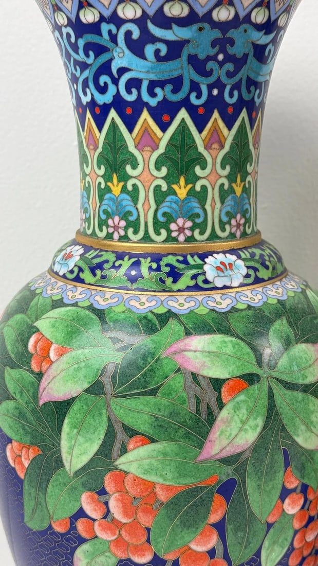 Pair of Chinese Cloisonne Enamel Vases Blue Ground With Red Berries - 7