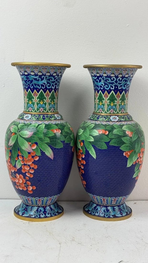 Pair of Chinese Cloisonne Enamel Vases Blue Ground With Red Berries - 8