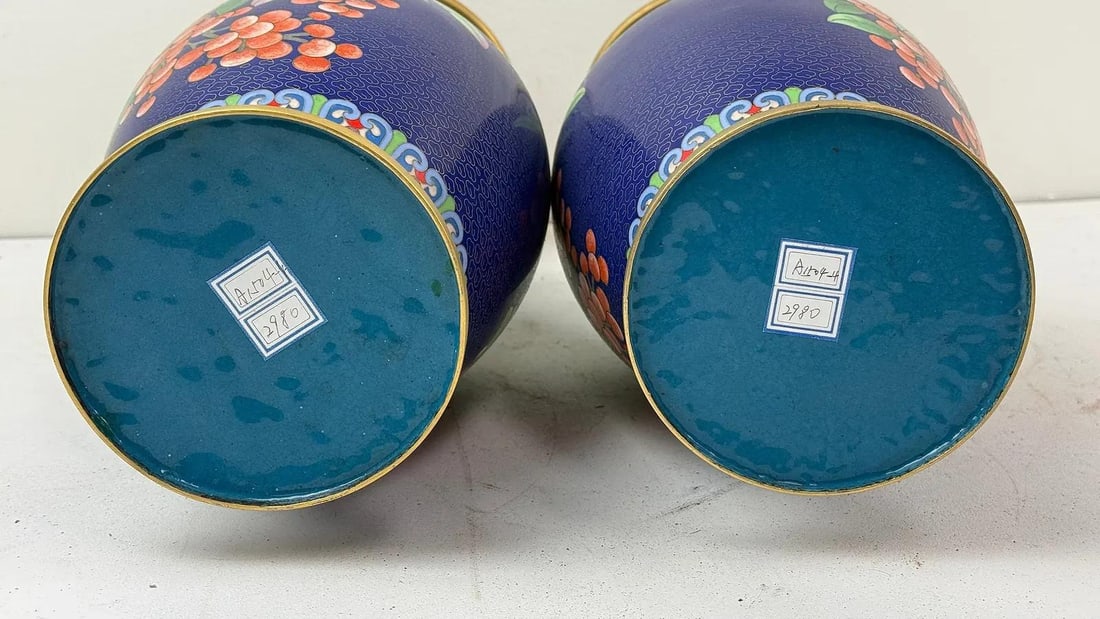 Pair of Chinese Cloisonne Enamel Vases Blue Ground With Red Berries - 9