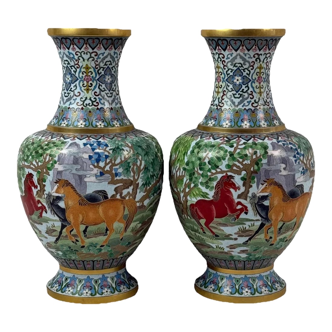 Pair of Chinese Cloisonne Enamel Horse Vases Gold Scrolls Horses Equestrian: A finely executed pair of Chinese cloisonné enamel vases, each measuring approximately 15.5 inches in height, decorated with continuous landscape scenes featuring groups of horses in a