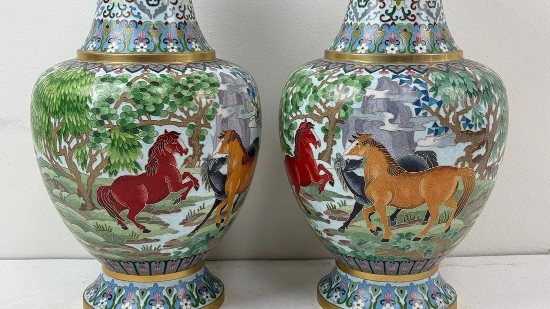 Pair of Chinese Cloisonne Enamel Horse Vases Gold Scrolls Horses Equestrian - 2