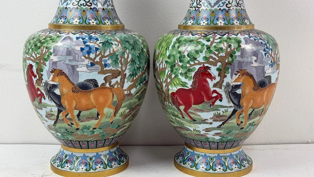 Pair of Chinese Cloisonne Enamel Horse Vases Gold Scrolls Horses Equestrian - 3