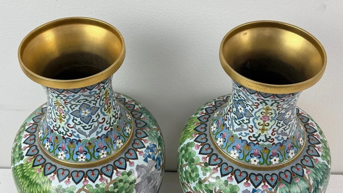 Pair of Chinese Cloisonne Enamel Horse Vases Gold Scrolls Horses Equestrian - 4