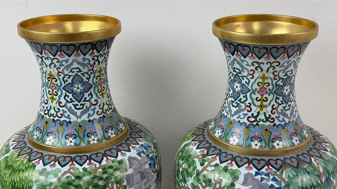 Pair of Chinese Cloisonne Enamel Horse Vases Gold Scrolls Horses Equestrian - 5