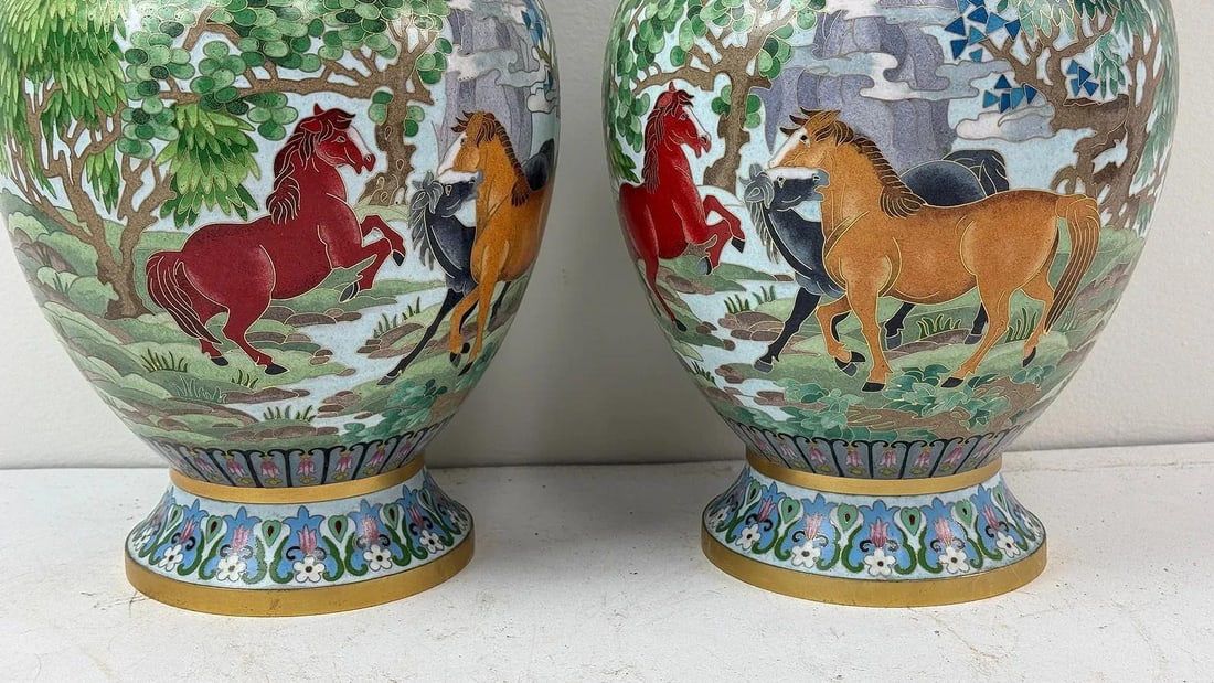 Pair of Chinese Cloisonne Enamel Horse Vases Gold Scrolls Horses Equestrian - 6