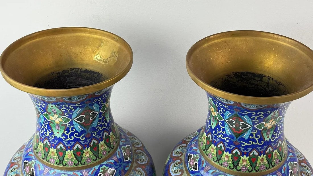 Pair of Chinese Cloisonne Enamel Horse Vases Gold Scrolls Horses Equestrian - 8