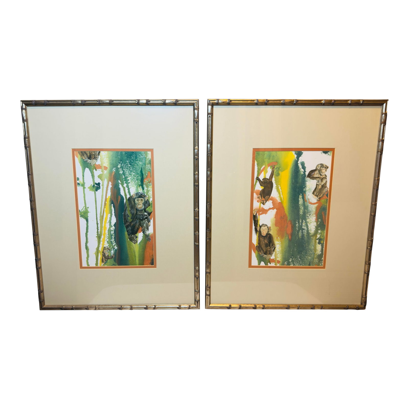 Late 20th Century Artist Signed Water Color Monkey Art -a Pair: Turning the past into stunning decor for today. At Turtle and Crane, we are drawn to pieces that tell a story, and this 25-year-old original mixed media pair by artist Sandy Klotter is a soulful echo