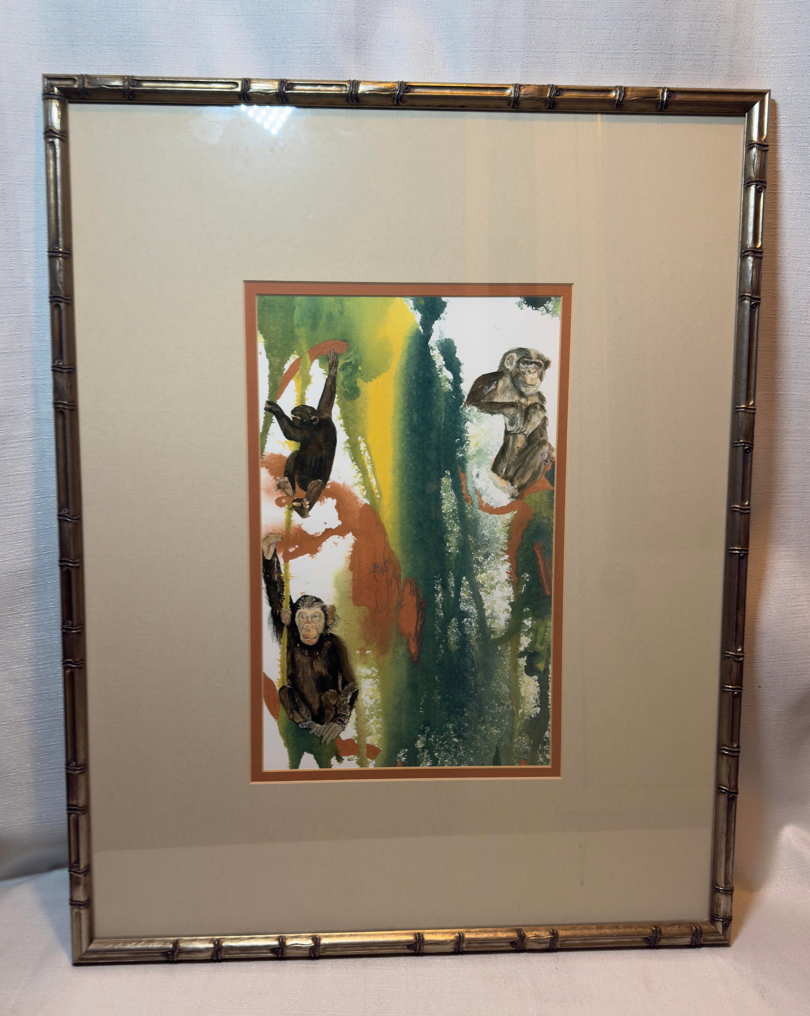 Late 20th Century Artist Signed Water Color Monkey Art -a Pair - 3