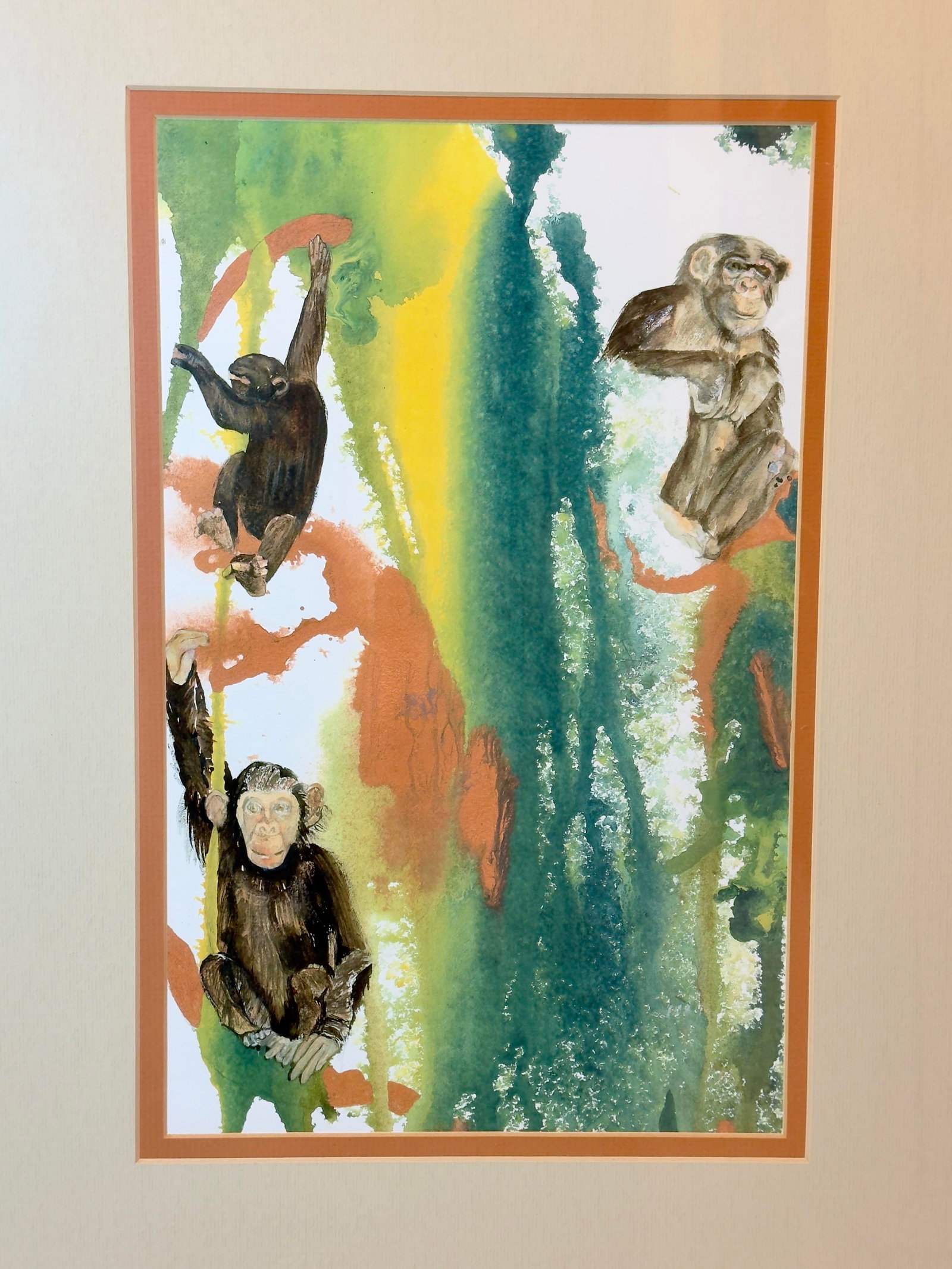 Late 20th Century Artist Signed Water Color Monkey Art -a Pair - 6