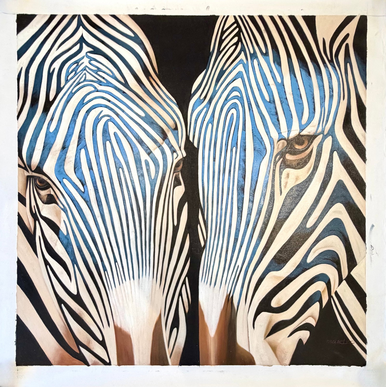 Contemporary Blue Zebra Double Portrait Painting – Original Oil on Unstretched Canvas, 40" X: Striking and modern, this original zebra oil painting by P. Charles features two closely facing zebra heads rendered in bold black, white, and cool blue tonal striping against a dramatic dark ground.