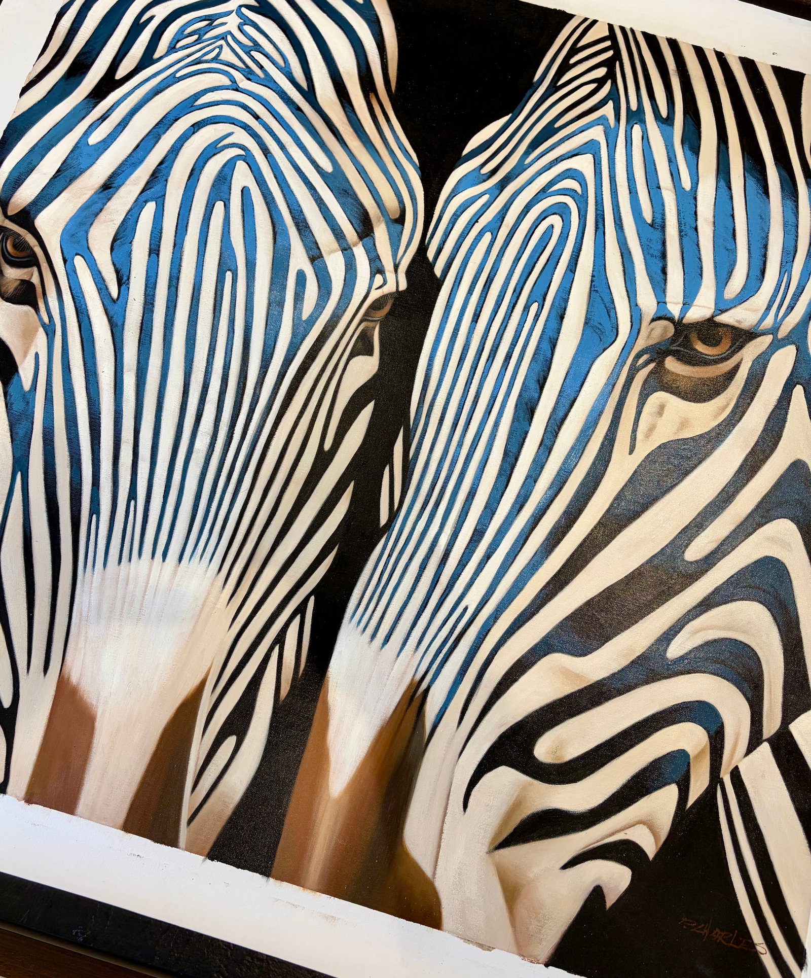 Contemporary Blue Zebra Double Portrait Painting – Original Oil on Unstretched Canvas, 40" X - 3