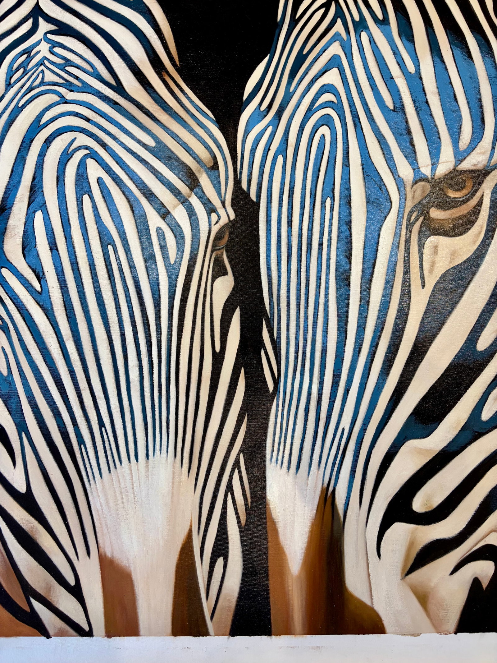 Contemporary Blue Zebra Double Portrait Painting – Original Oil on Unstretched Canvas, 40" X - 4