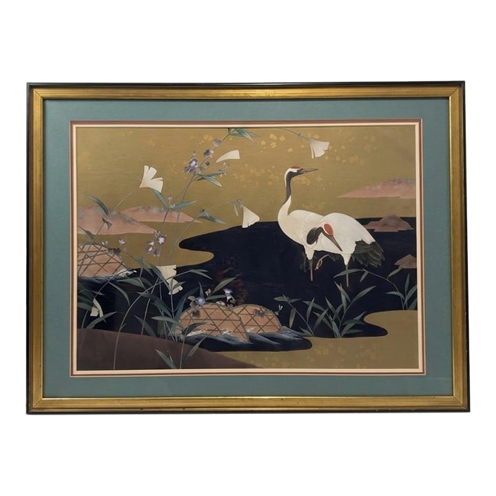 Late 20th Century Japanese Crane & Morning Glory Print by Turtle and Crane - Styled After James Mont: Turning the past into stunning decor for today. At Turtle and Crane, we are naturally drawn to the elegance of our namesake. This striking vintage Japanese-style work captures a serene scene of