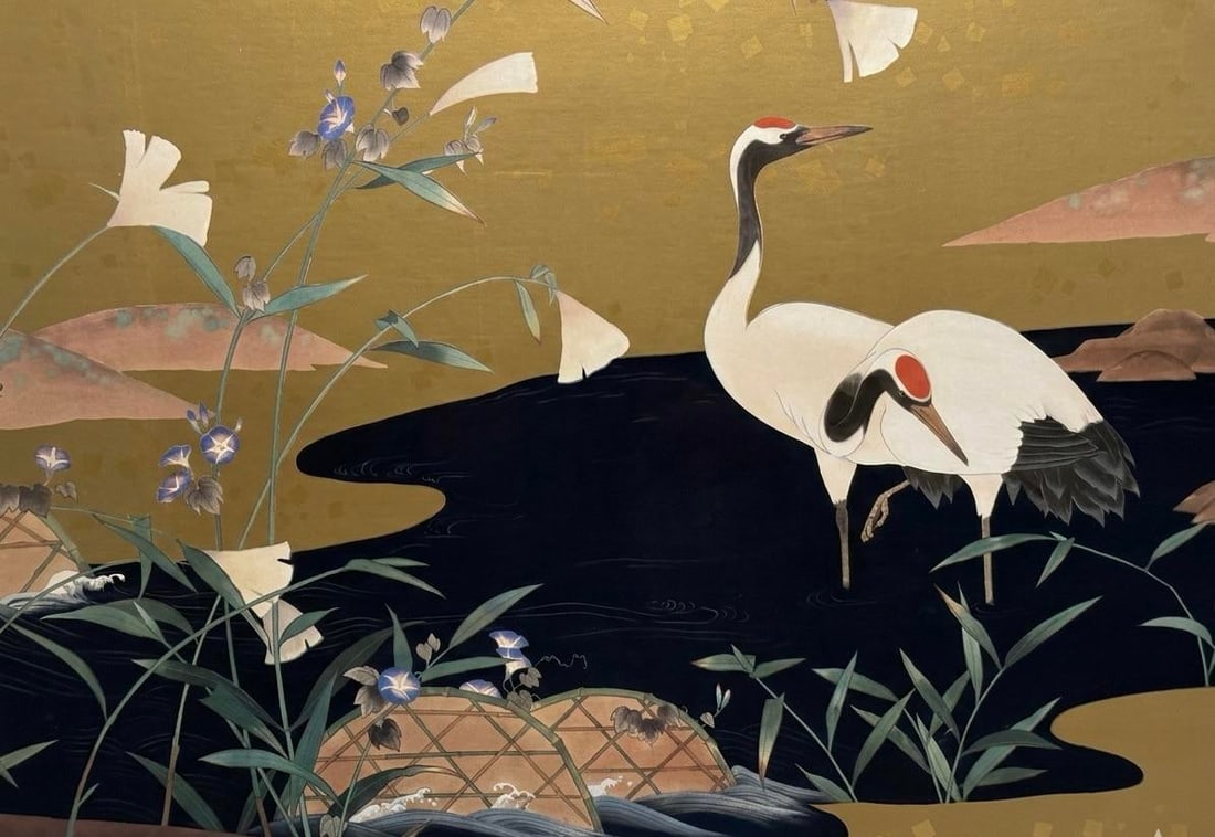 Late 20th Century Japanese Crane & Morning Glory Print by Turtle and Crane - Styled After James Mont - 2