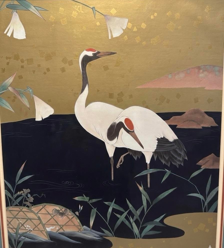 Late 20th Century Japanese Crane & Morning Glory Print by Turtle and Crane - Styled After James Mont - 3