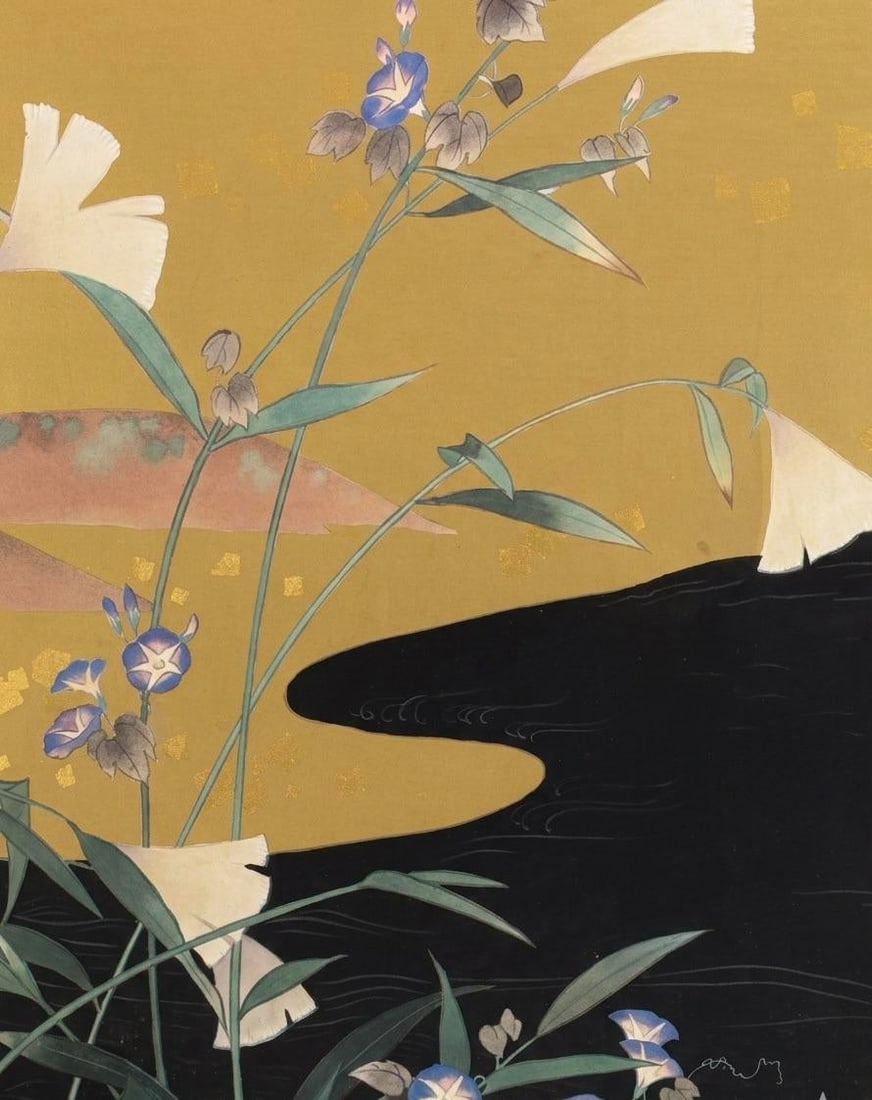 Late 20th Century Japanese Crane & Morning Glory Print by Turtle and Crane - Styled After James Mont - 4