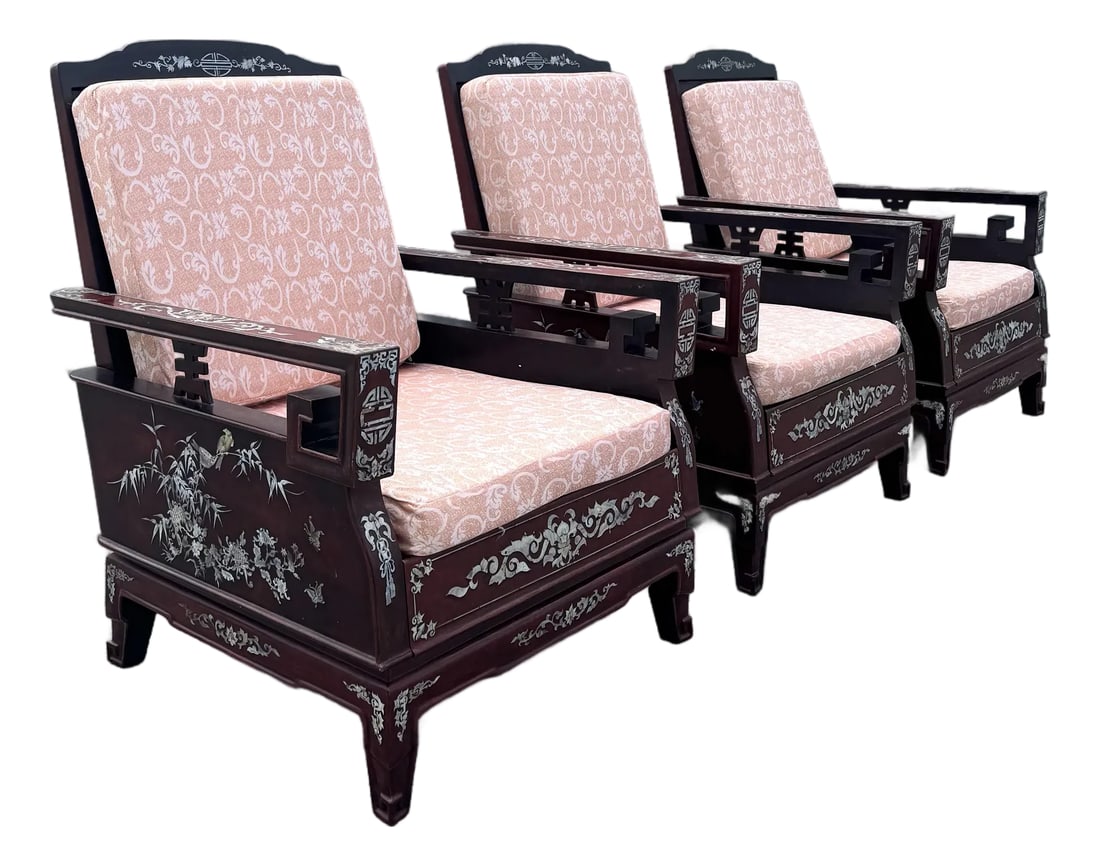 Chinese Rosewood With Mother of Pearl Inlay Lounge Chairs - Set of 3: A refined expression of traditional Chinese craftsmanship, this set of three rosewood lounge chairs showcases exquisite mother-of-pearl inlay throughout. The richly toned frames are adorned with