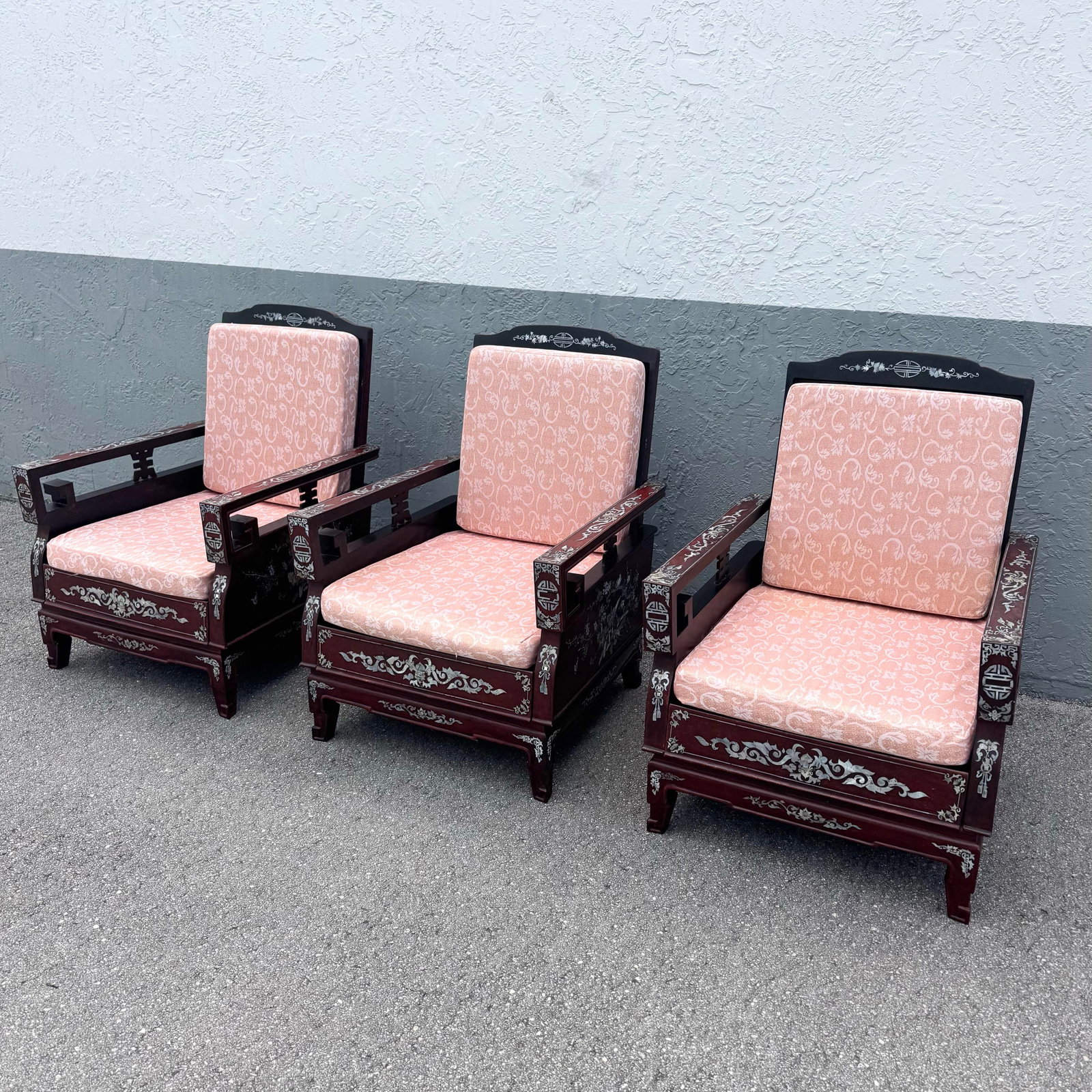 Chinese Rosewood With Mother of Pearl Inlay Lounge Chairs - Set of 3 - 2