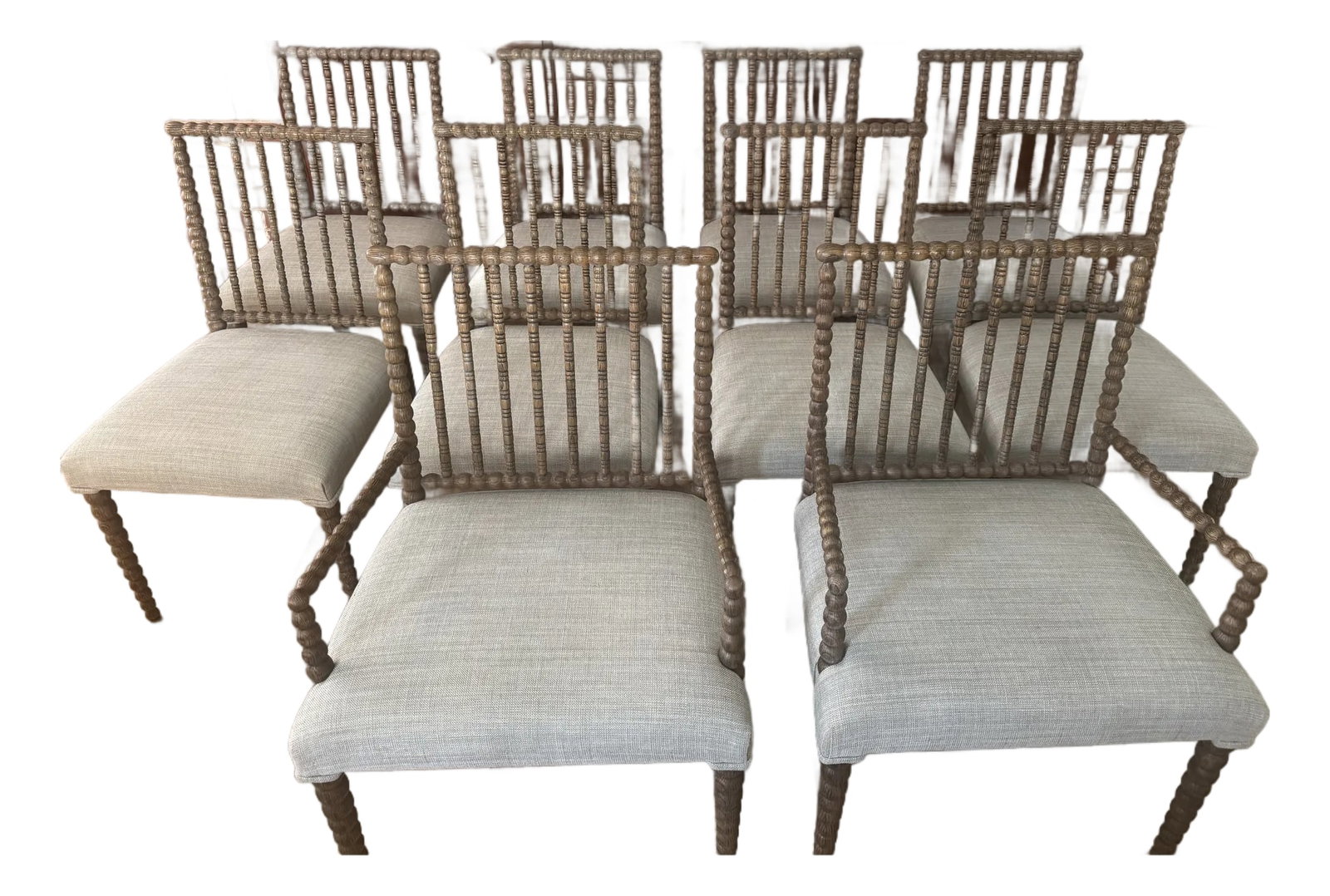 Mr. Brown Set of 10 Dining Chairs (2 Arm and 8 Side): Set of 8 side chairs and 2 arms chairs, attributed to Mr Brown London. Beatrix chairs with seats upholstered in Pierre Frey "Kahlo" aquamarine linen. Wood finish is European Mid Oak Condition: Alterat