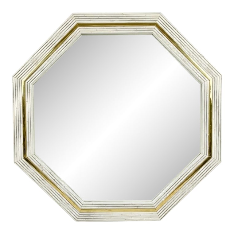 Vintage Palm Beach Regency White Laquered Faux Bamboo & Brass Wall Mirror "” Newly Painted: This stunning octagonal wall mirror is a masterclass in texture and classic Regency geometry. While the architectural faux bamboo frame and polished brass inlay are distinctly in the style of 1980s
