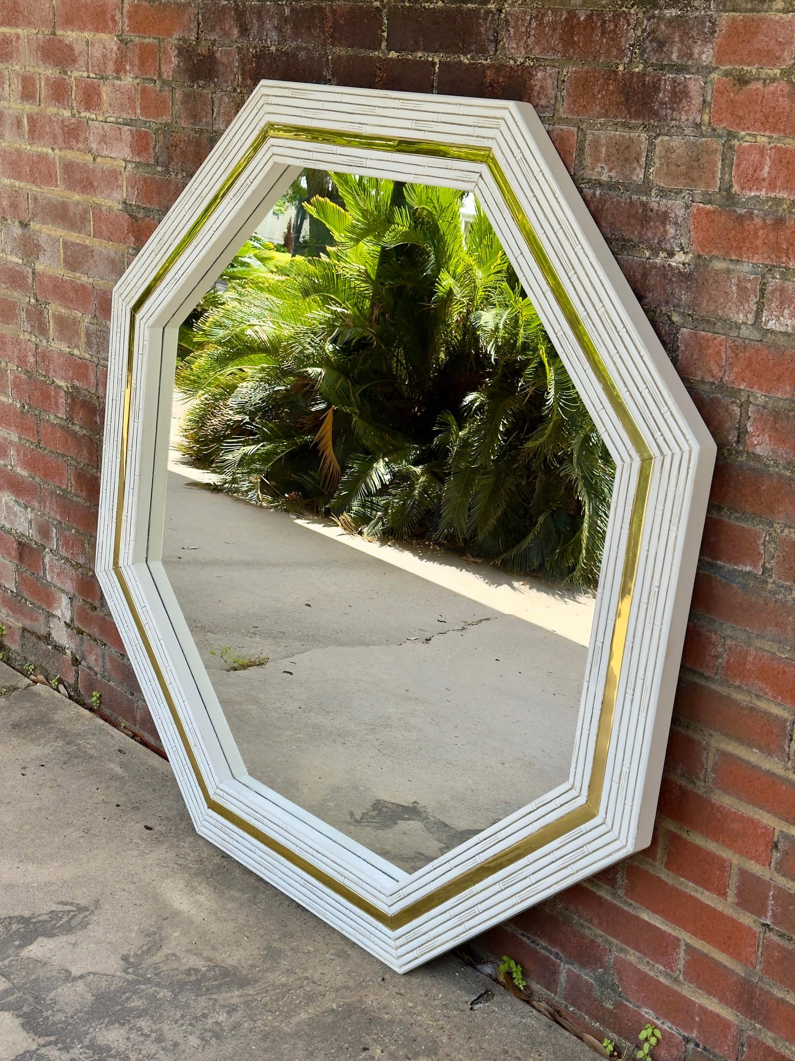 Vintage Palm Beach Regency White Laquered Faux Bamboo & Brass Wall Mirror "” Newly Painted - 3