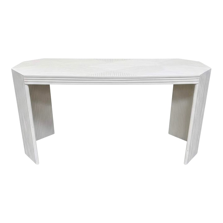 1970s Unique MCM Bamboo Marquetry Console Table: Mid century split bamboo console table. Individual bamboo pieces diagonally applied in sections at the tabletop creating a dramatic X effect in a painted white finish. Very good condition. 60