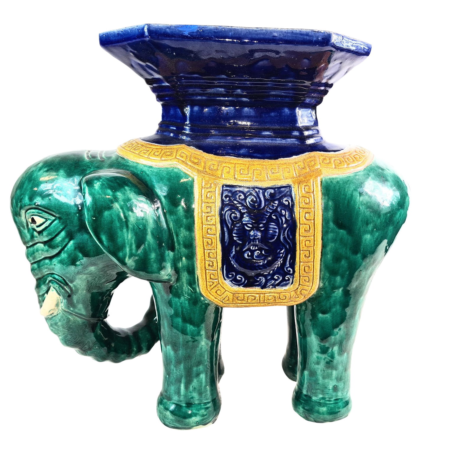 Antique Chinese Shiwan Ceramic Elephant Garden Stool: Chinese Shiwan Ceramic Elephant Garden Stool, late 19th or early 20th. This item is a handmade and painted decorative ceramic elephant plant stand or garden stool, often styled with a green and blue g