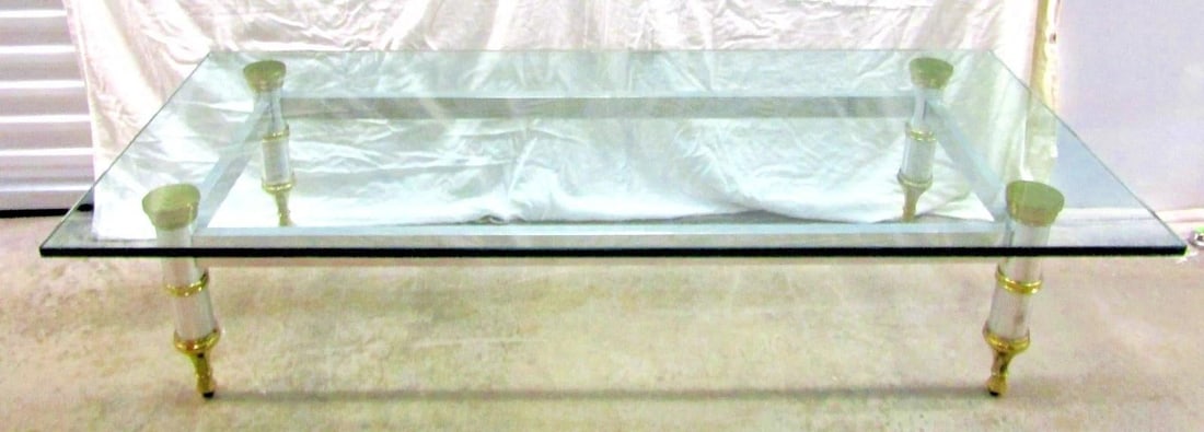 1960's Maison Jansen 78" Aluminum With Brass Accent Thick Beveled Glass Cocktail Table - 2
