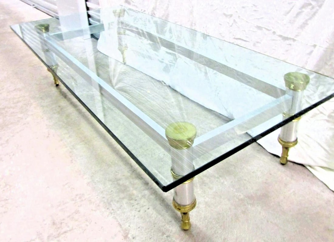 1960's Maison Jansen 78" Aluminum With Brass Accent Thick Beveled Glass Cocktail Table - 3