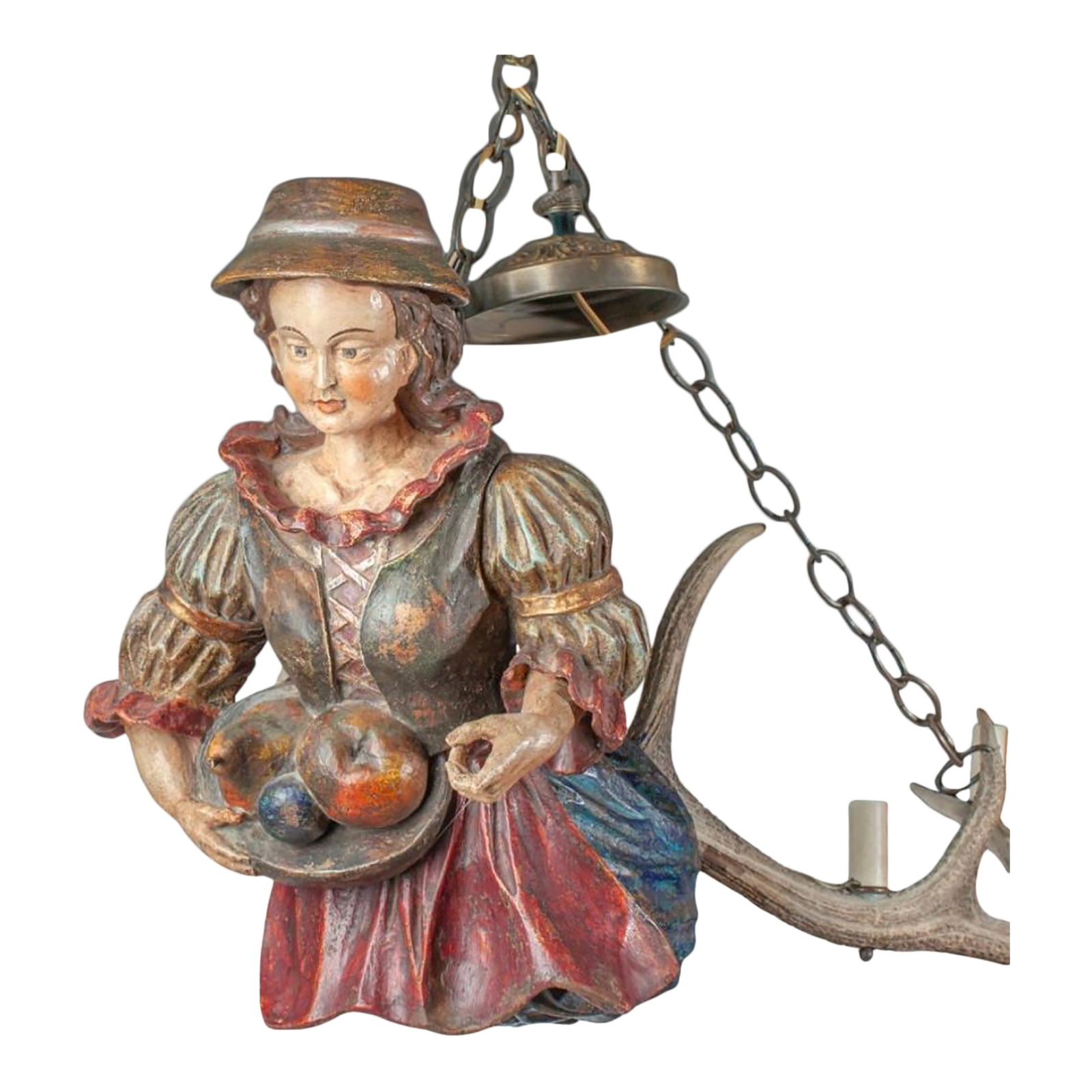 Antique Black Forest Lusterweibchen Figural Chandelier, Polychrome Carved Wood Maiden With Fruit, Sw: A striking and sculptural example of the traditional Lusterweibchen chandelier form, combining carved figural artistry with natural antler construction. This piece features a polychrome-carved young
