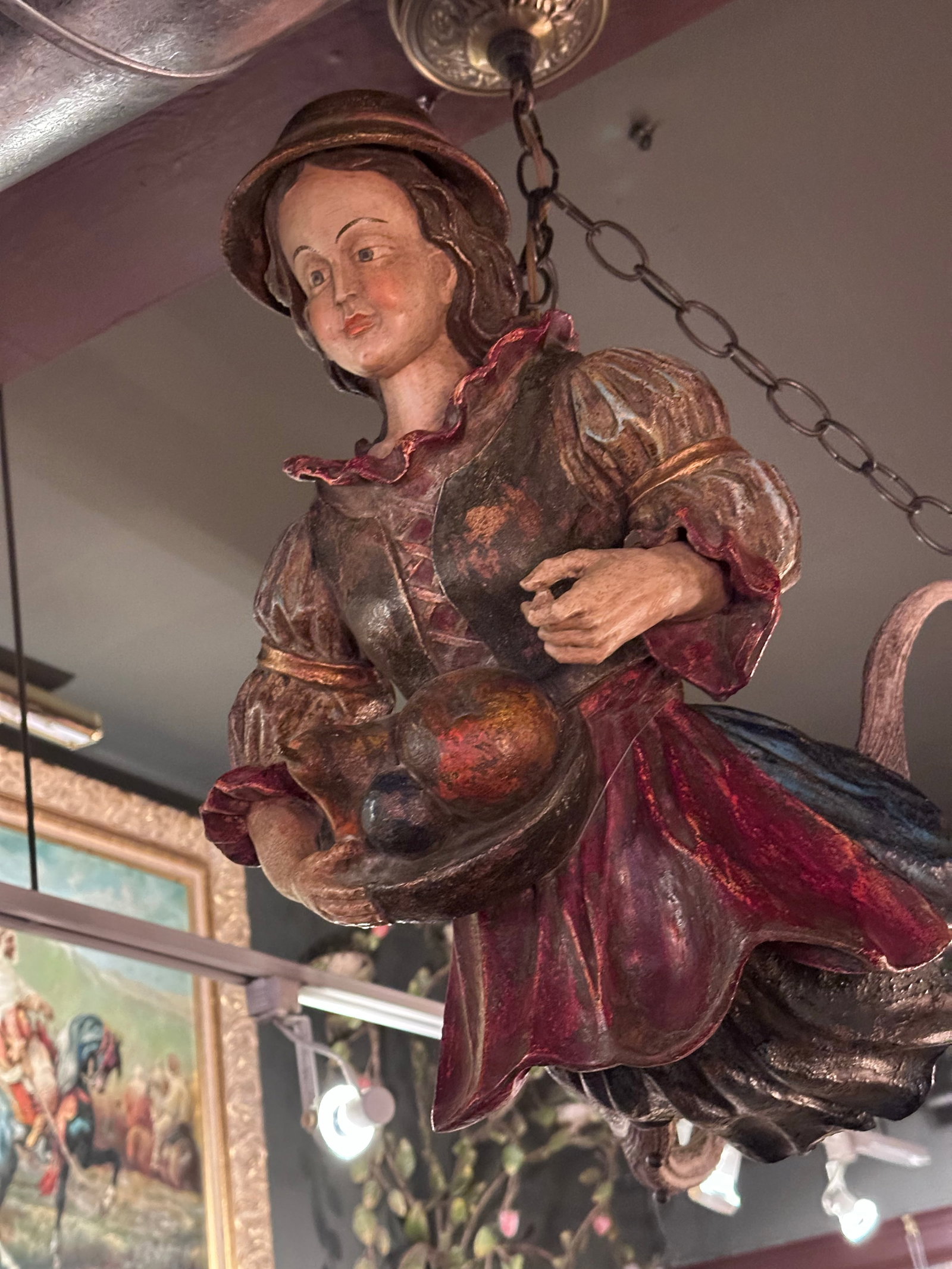 Antique Black Forest Lusterweibchen Figural Chandelier, Polychrome Carved Wood Maiden With Fruit, Sw - 3