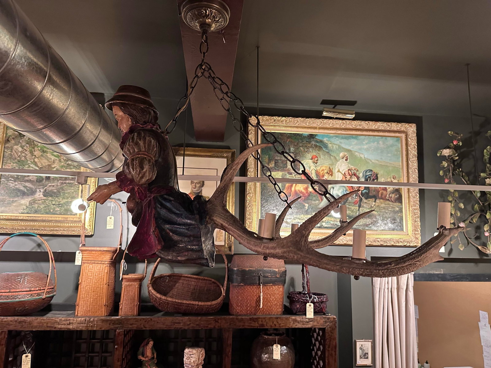 Antique Black Forest Lusterweibchen Figural Chandelier, Polychrome Carved Wood Maiden With Fruit, Sw - 4