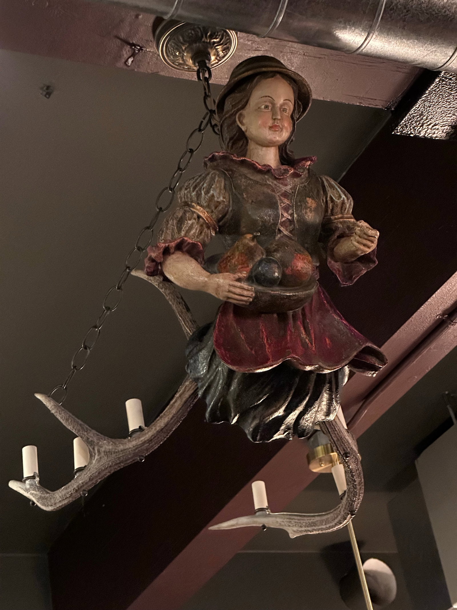 Antique Black Forest Lusterweibchen Figural Chandelier, Polychrome Carved Wood Maiden With Fruit, Sw - 5