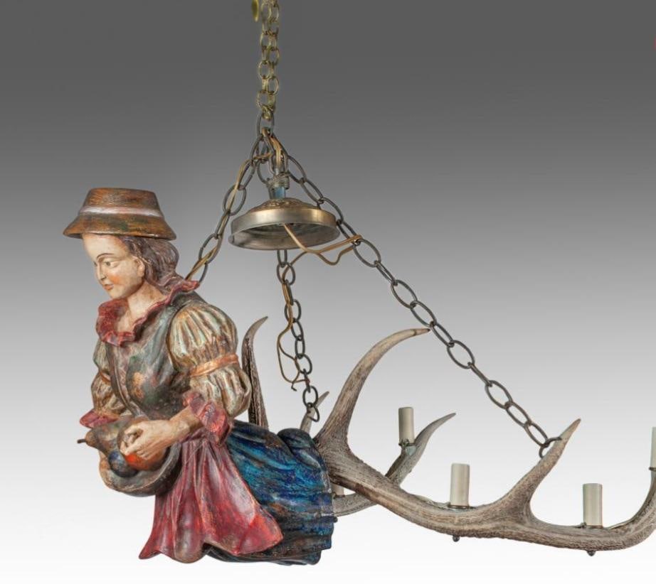 Antique Black Forest Lusterweibchen Figural Chandelier, Polychrome Carved Wood Maiden With Fruit, Sw - 6
