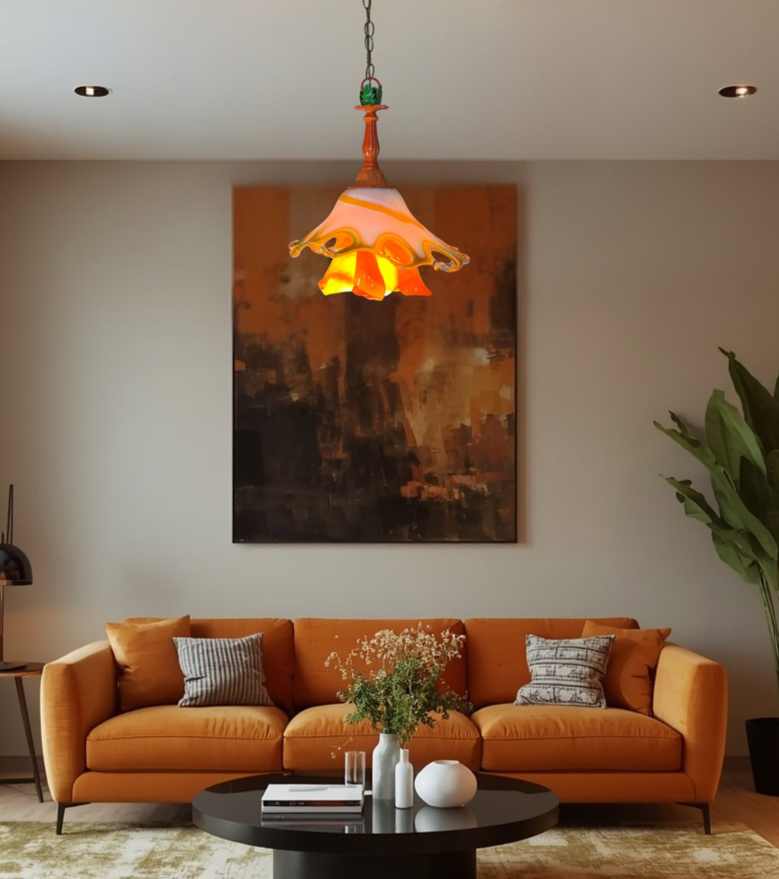 Murano Art Glass Looped Abstract Orange White Pendant Light - 11