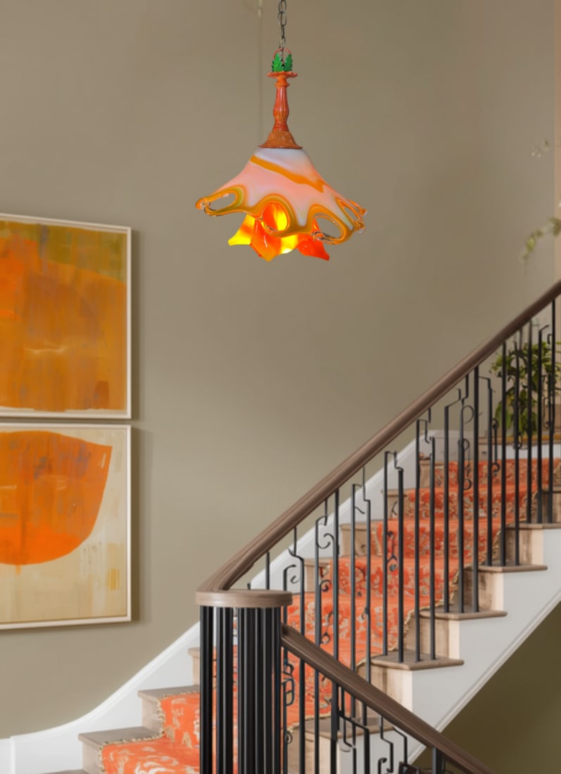 Murano Art Glass Looped Abstract Orange White Pendant Light - 13