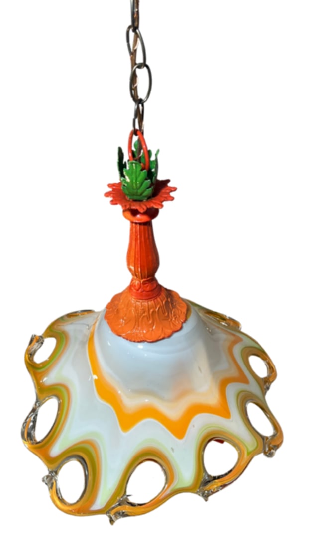 Murano Art Glass Looped Abstract Orange White Pendant Light - 17