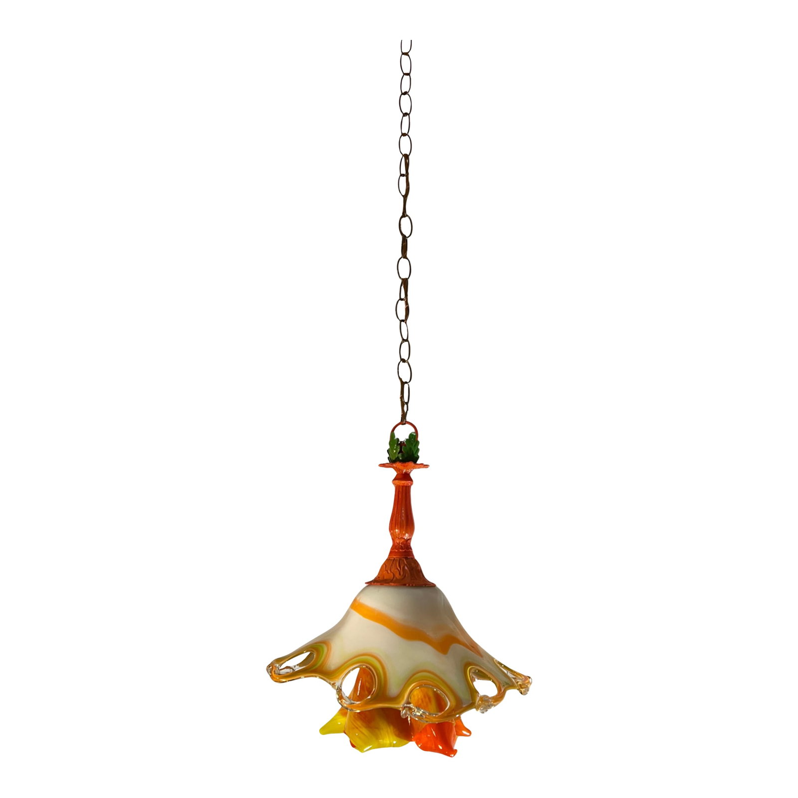 Murano Art Glass Looped Abstract Orange White Pendant Light: This one"‘of"‘a"‘kind pendant light combines vintage metalwork with hand"‘blown glass to create a sculptural, mid"‘century–inspired statement piece. Measuring